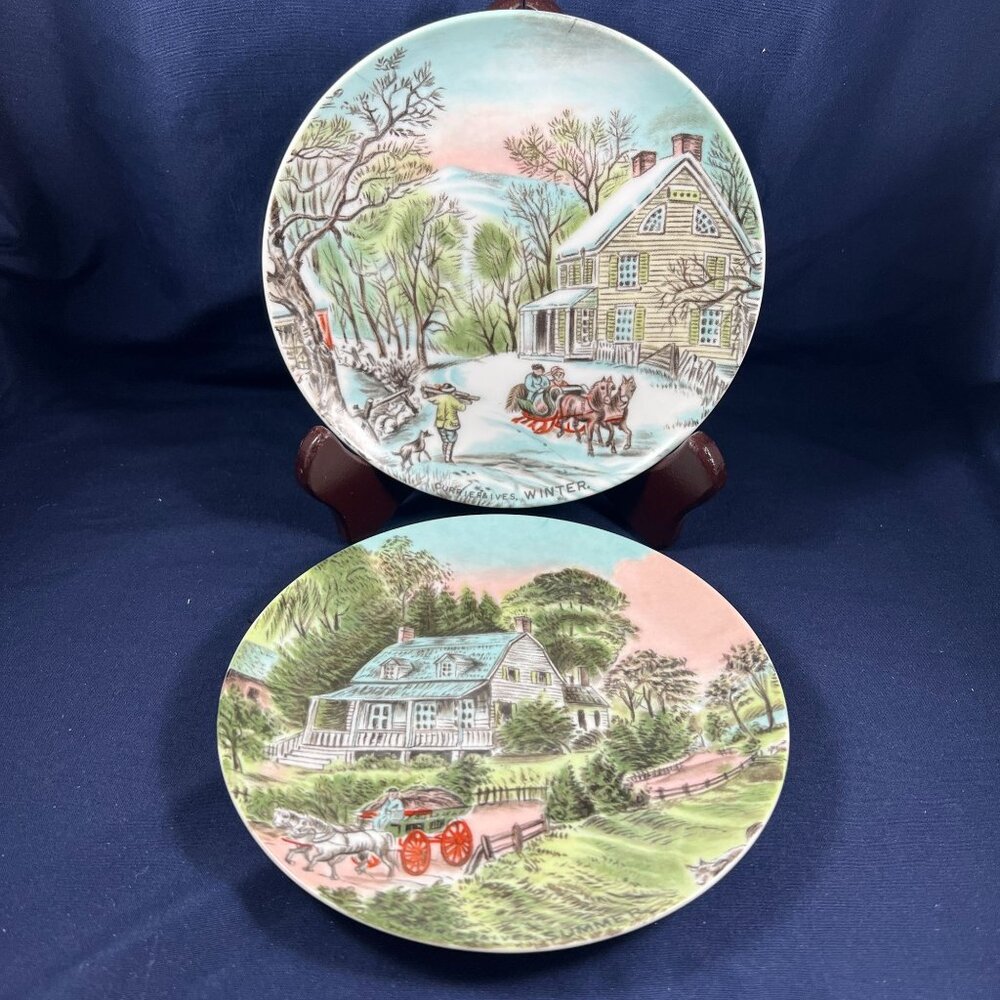 Currier & Ives Decorative Plates Set Of 2 Summer & Winter Scenes Porcelain Ready